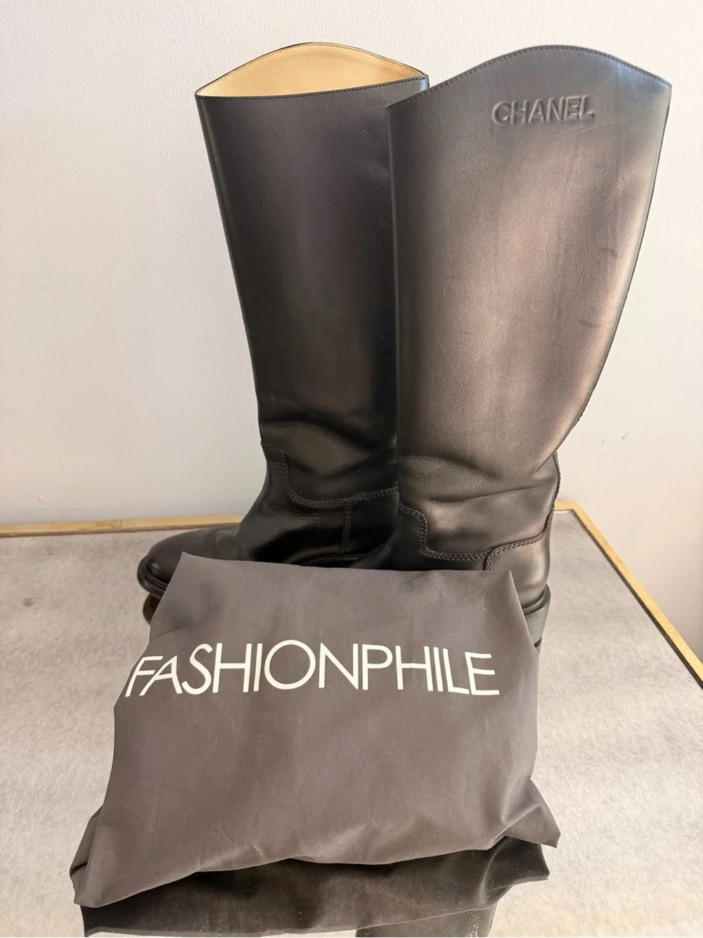 CHANEL Black Leather Tall Riding Boots